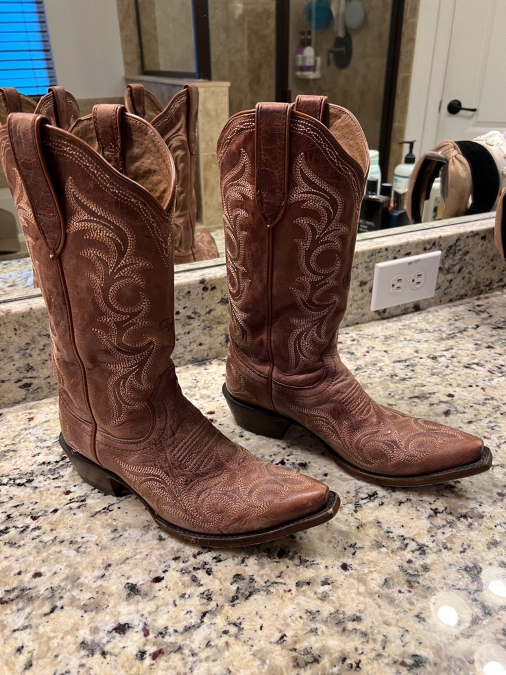 Ariat Tan Leather Western Boots with Embossed Logo